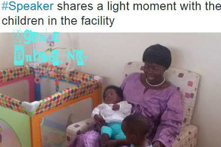 Speaker Rebecca Kadaga shares a light moment with the kids at the breastfeeding centre