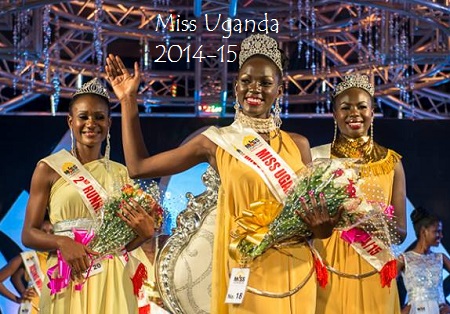 Miss Uganda 2015 waving as Taban Yasmin (2nd Runner Up and Brenda Iriama (1st) look on