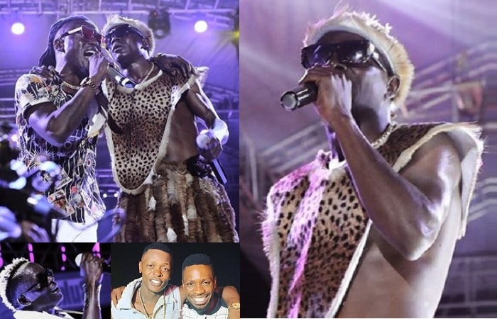 Weasel and King Saha performing and inset is Chameleone and Bobi Wine