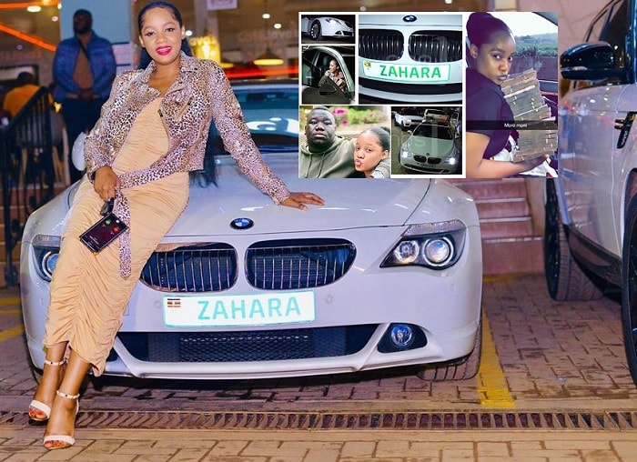 Zahara Totto on her white BMW ride parked next to Big Papa's Range Rover Sport