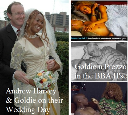 The late Goldie and her husband Andrew and inset is Prezzo and Goldie in the Big Brother House last year