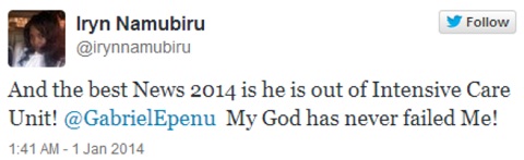 Iryn Namubiru's latest tweet on Gabriel Epenu's condition