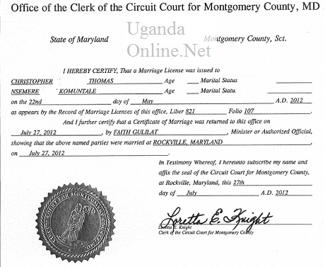 A marriage licence for Chris and Ruth were married at Rockville, Maryland